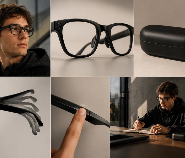 Lunettes connectées premium avec verres photochromiques, contrôle tactile et boîtier de recharge.