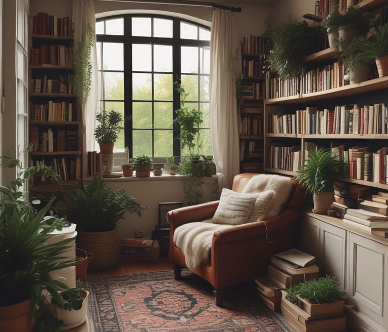 A man reading a book in a cozy study with soft natural light.