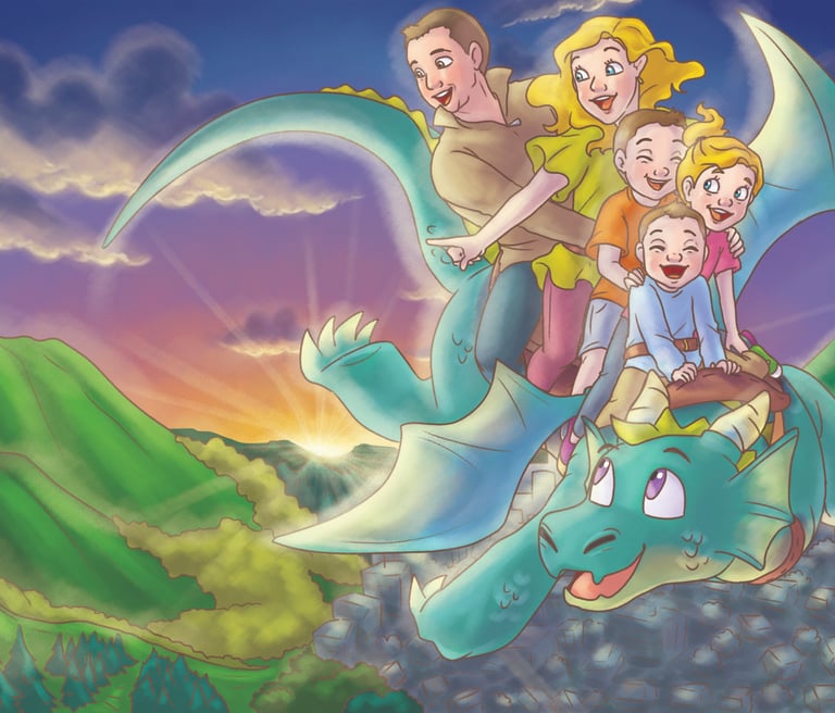 A happy family of five flying on a friendly green dragon over mountains at sunrise in a children's book illustration.
