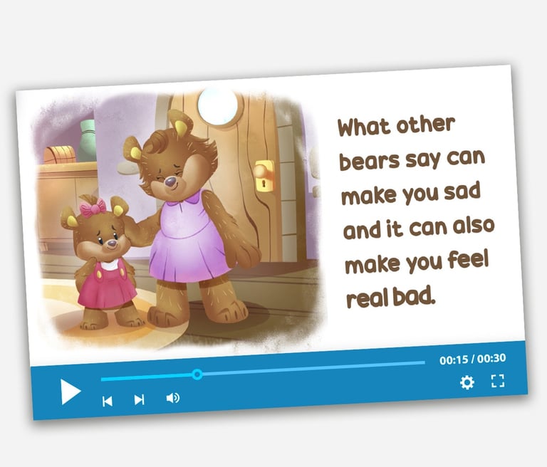 An educational children's video storybook about emotions featuring two cartoon bears.