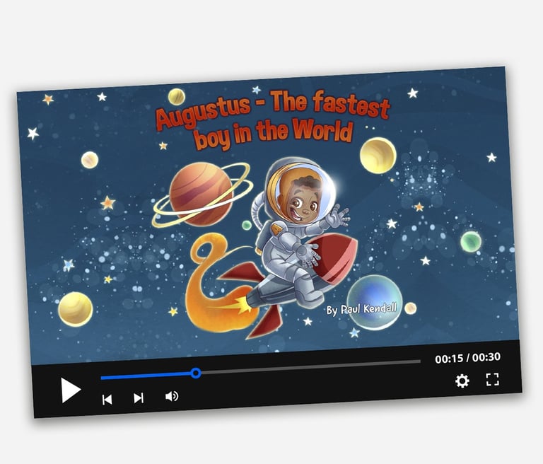 Illustrated children's book cover of Augustus the boy astronaut flying a rocket through outer space.