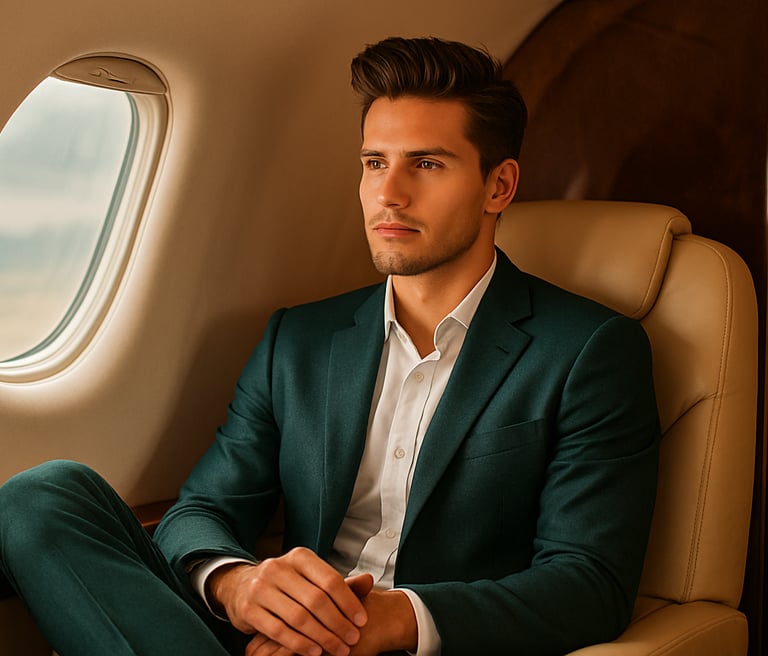 Imprenditore in jet privato: comfort, concentrazione, potere in volo.