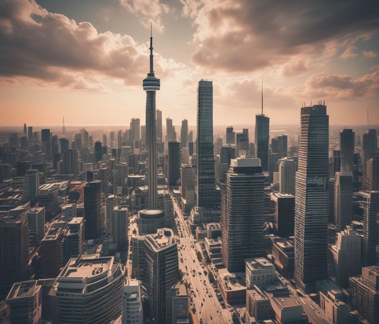 A nighttime cityscape featuring a large, illuminated sign displaying the name Toronto in vibrant letters. The backdrop includes towering buildings with numerous windows, and there are reflections of the lights on the wet ground. Some people are walking by, and the surrounding architecture is modern and distinctive.