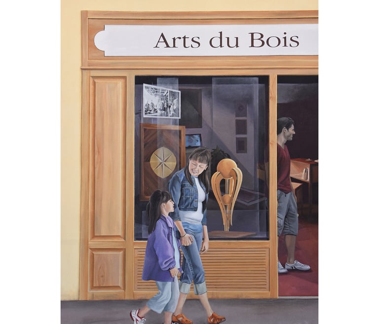 Détail d'un trompe-l'oeil sur façade: une mère et sa fille marchent dans la rue. Moirans-en-Montagne
