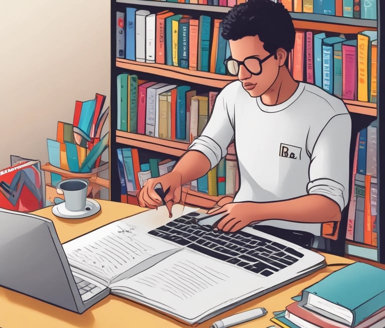 A person is holding a smartphone in their hands, navigating an online library or e-book application with blurred bookshelves in the background, giving a sense of depth and focus on the technology.