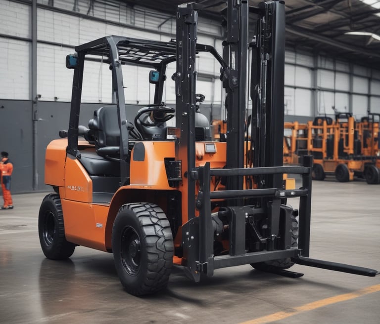 A technician servicing forklift in a workshop.