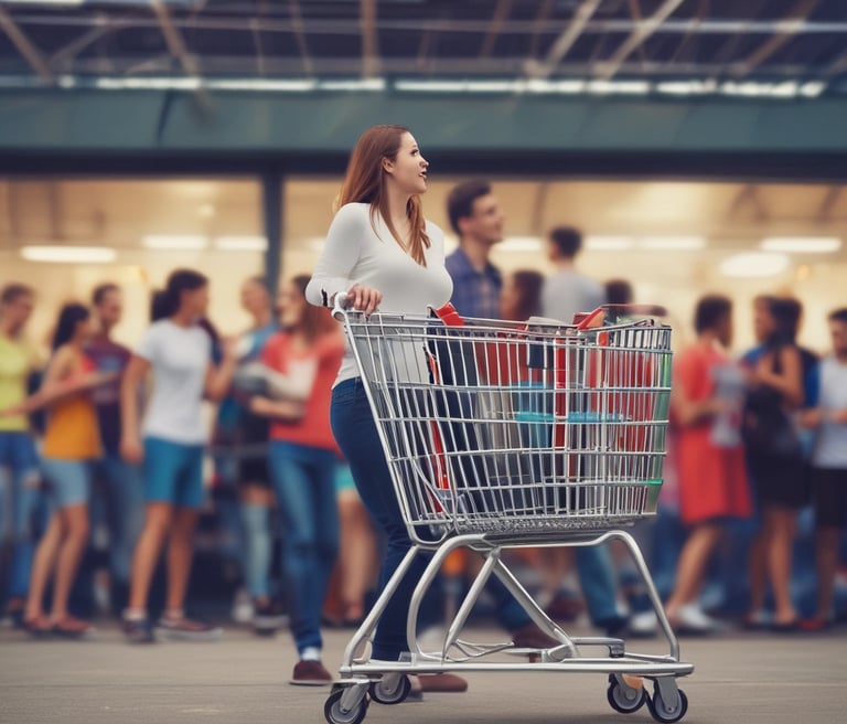 A supermarket aisle filled with stacks of toilet paper and shelves of various products. There are large signs advertising promotions, such as '3x2'. Fresh produce like bananas and watermelons are prominently displayed on the right. The ceiling has green curved structures, and the atmosphere is busy with customers shopping.