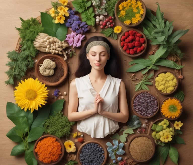 A package of a dietary supplement is prominently positioned on the forest floor, surrounded by dry leaves and blurred natural elements in the background. Partial views of a person appear in the foreground, suggesting outdoor activity.