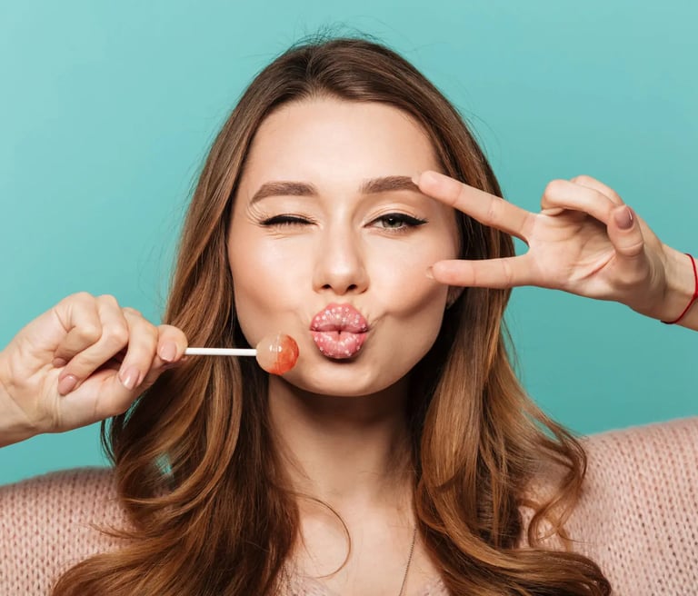 a woman with a pink lippy and a lollipop in her mouth