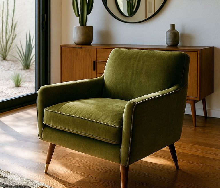 Olive green Mid-Century Modern chair with wood legs and styled rug