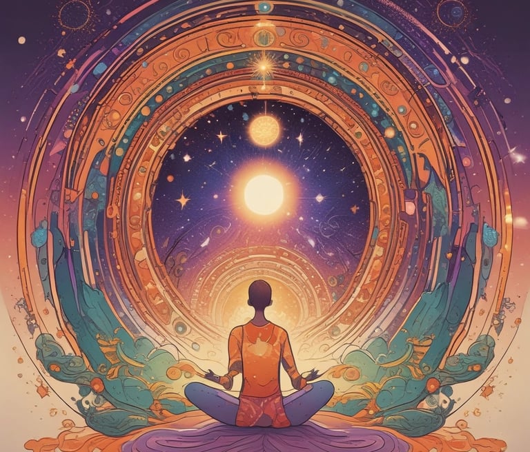 a man sitting in a meditation position with a full moon in the background