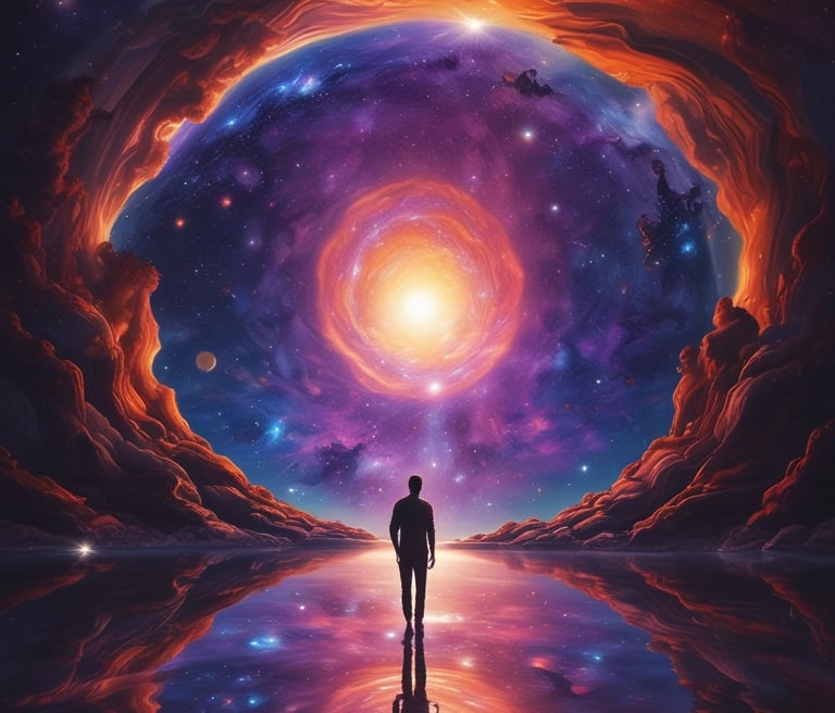 a man standing in front of a galaxy like structure