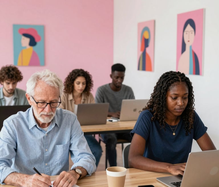 A lively virtual workshop scene with participants engaging on screens, accented by pink, black, and white design elements.
