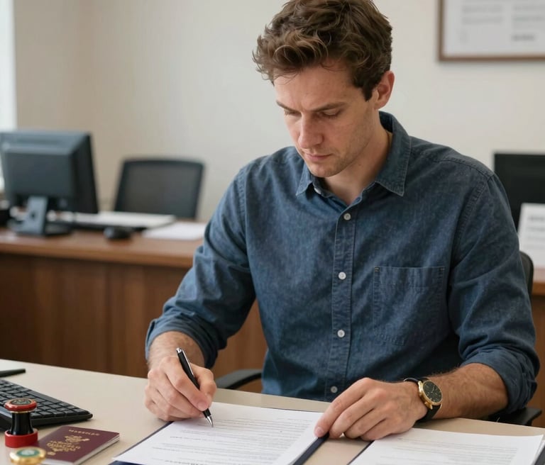 Professional man signing international travel visa documents with passport and stamps at an office desk.