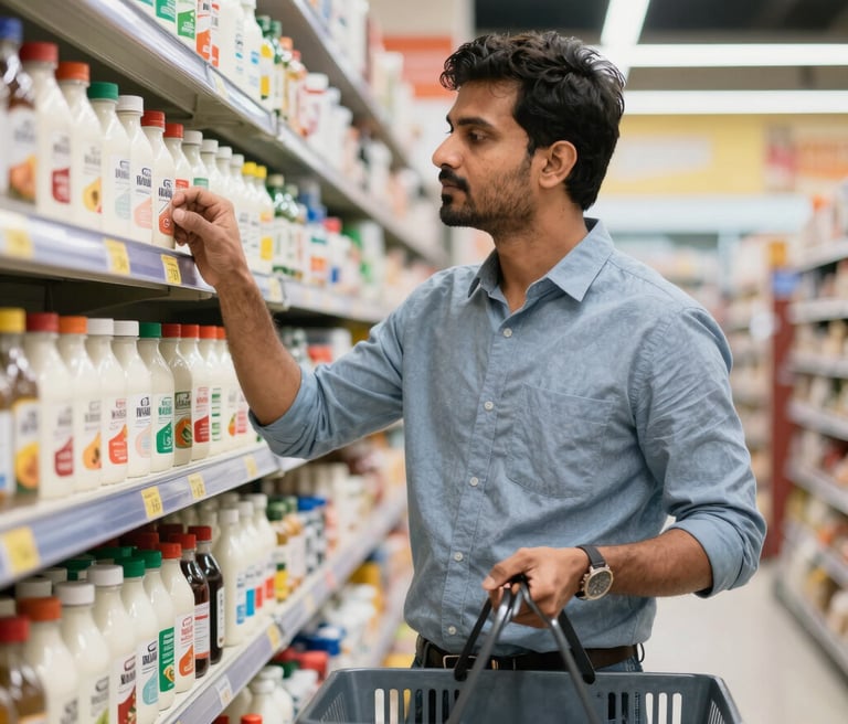 A man in a blue shirt shopping for bottled beverages in a grocery store aisle.