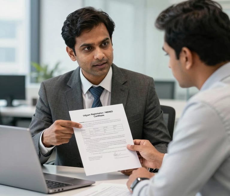 Professional consultant showing a client an Udyam Registration Certificate for MSME business in an office.