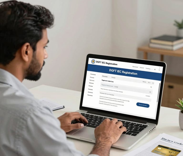 A man using a laptop for DGFT IEC registration online for import export business.