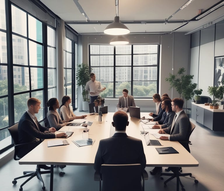 A professional team meeting in a modern office.