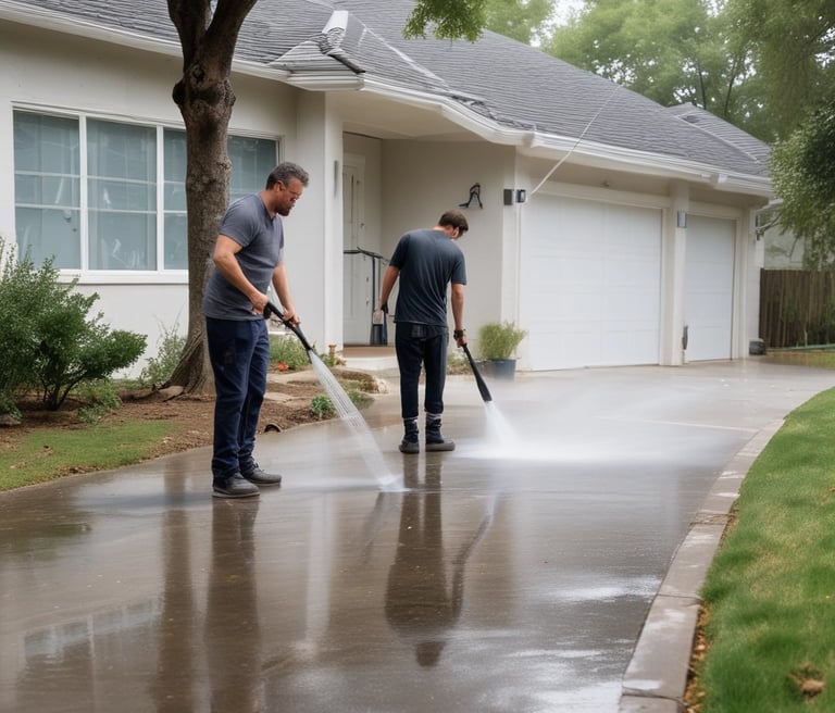 A sunlit patio with terracotta tiles is adorned with cleaning equipment, including a wet and dry vacuum, containers of cleaning solutions, and a pressure washer. A portion of a white car is visible near a hedge-lined driveway, while lush green vegetation and a manicured lawn provide a backdrop.