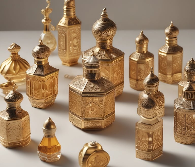 A luxurious perfume bottle with a metallic cap and amber-colored liquid, featuring an ornate and stylish label displaying intricate designs. It is placed on a dark, reflective surface.
