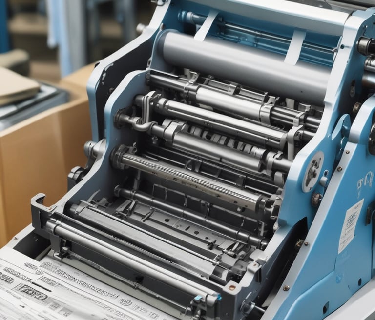 A large digital printing machine inside a room, producing a vivid banner with pink, black, and white colors. The machine has a blue exterior with multiple control buttons and switches, situated against a neutral-colored wall with a few posters and signs.