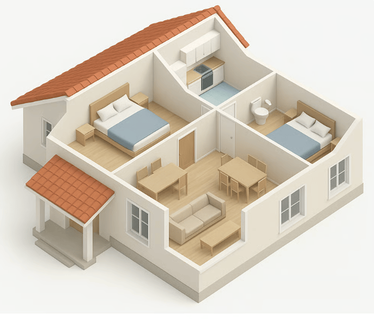 3D perspective view and floor plan of a detached single-family house or luxury villa in Alanya, Turk