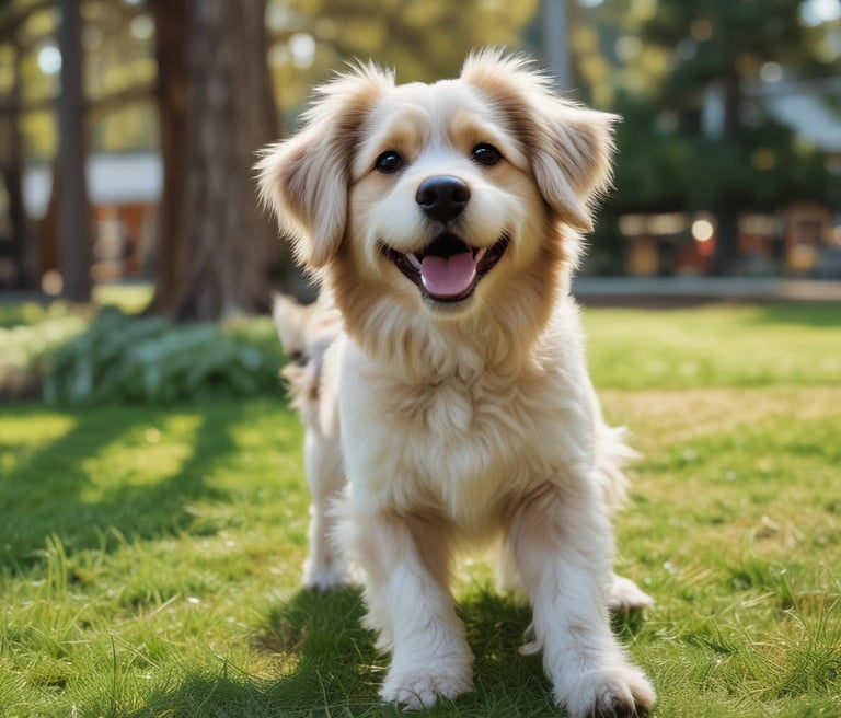 A pet waste station is situated in a park-like environment. The station includes a waste bin with a sign above it requesting visitors to clean up after their pets. The area is surrounded by lush green grass and trees, creating a natural setting.