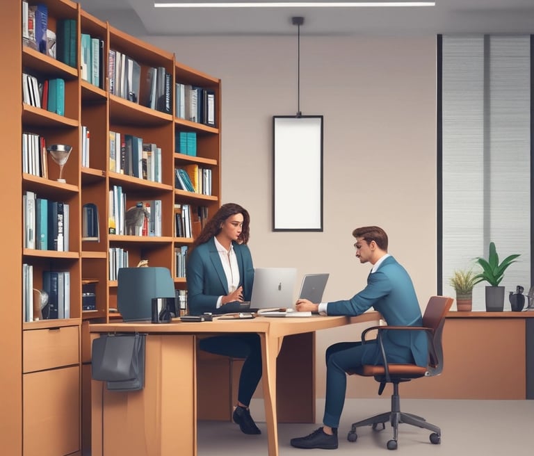 Several individuals posing in a line on a stage, with one person handing an envelope to another. They are wearing casual and branded clothing with identification badges. A large screen in the background displays abstract illustrations and text.
