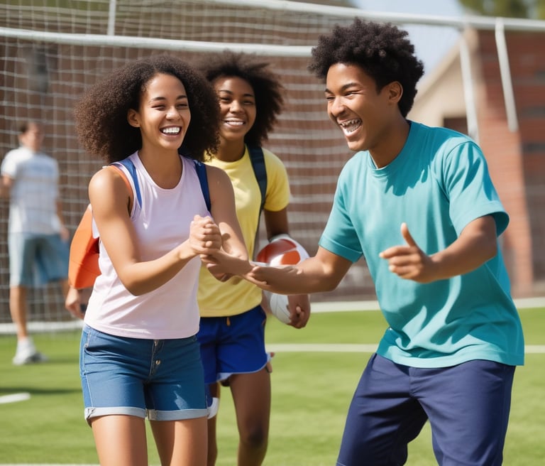 A group of young international students playing soccer at a US boarding school.