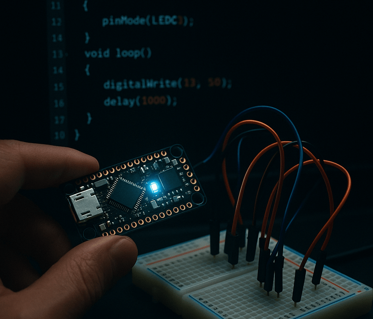 image of esp32 being programed along side with a bread board and jumper wires