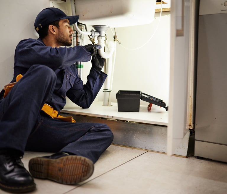 Plumber fixing the pipe under the sink. 