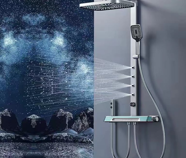 a shower with a shower head and a shower head