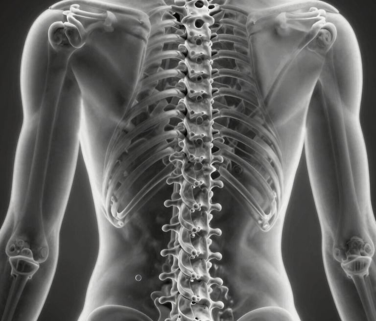 Close-up image of a sleek spinal implant against a high-tech blue background with subtle medical equipment shadows.