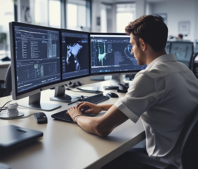 A diverse team collaborating over laptops in a modern office, brainstorming innovative IT solutions.