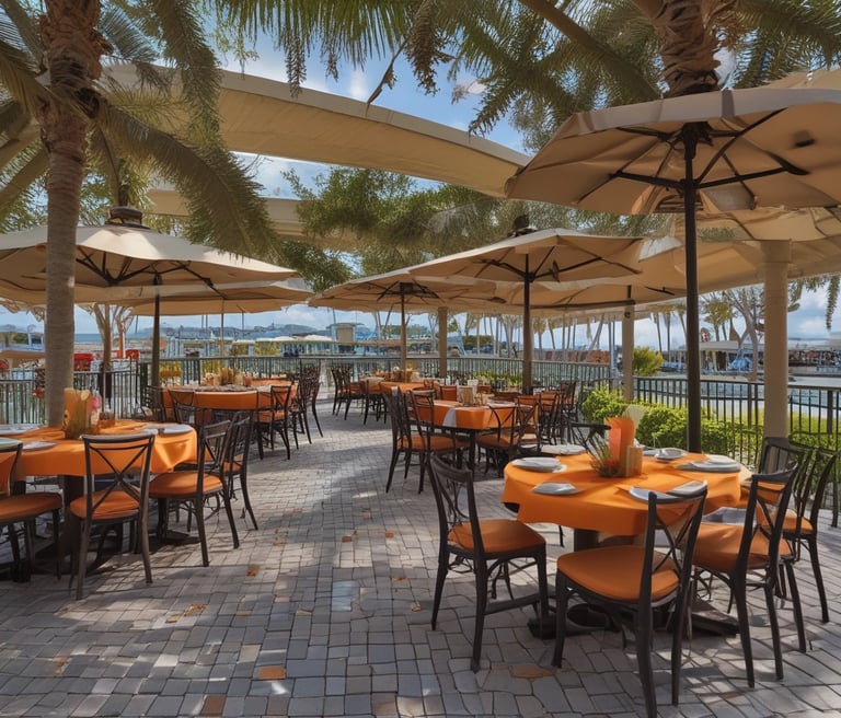 A vibrant street scene in Charlotte County with local shops, palm trees, and smiling residents enjoying a sunny day.
