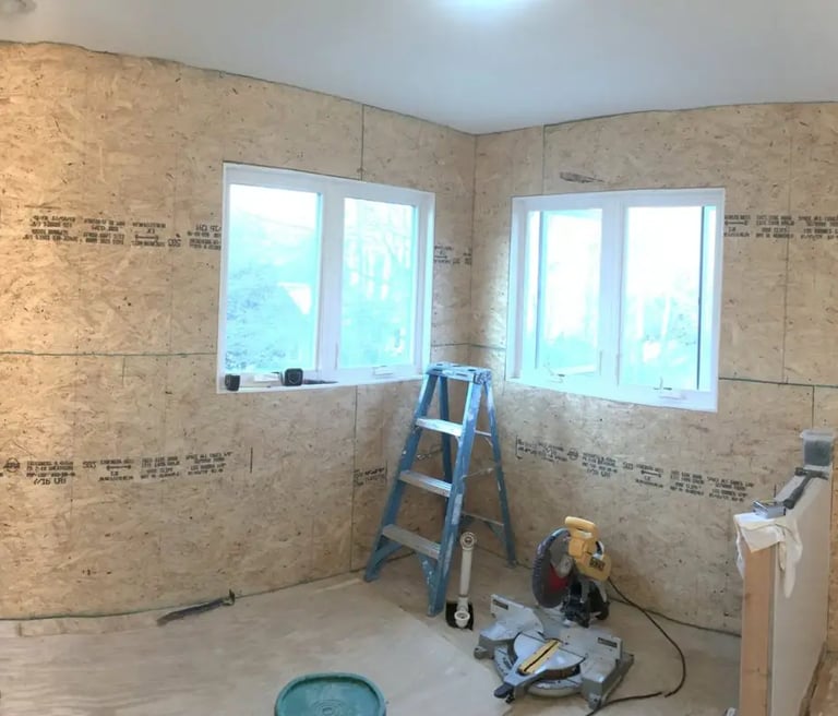 panoramic view of bathroom remodeling preparation.