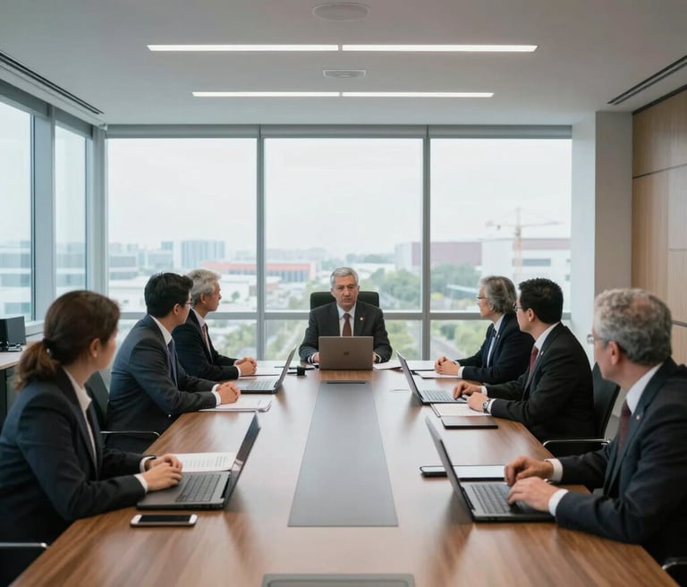 A sleek, modern workspace with two professionals discussing financial charts under soft natural light.