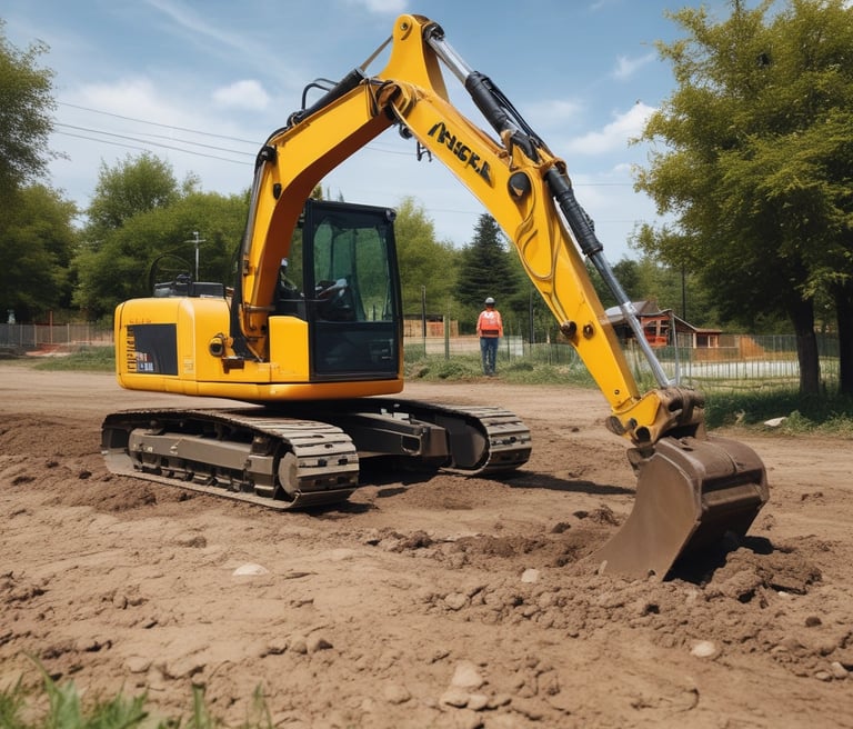 A skilled operator maneuvering heavy equipment on a sunny worksite surrounded by well-kept grounds.