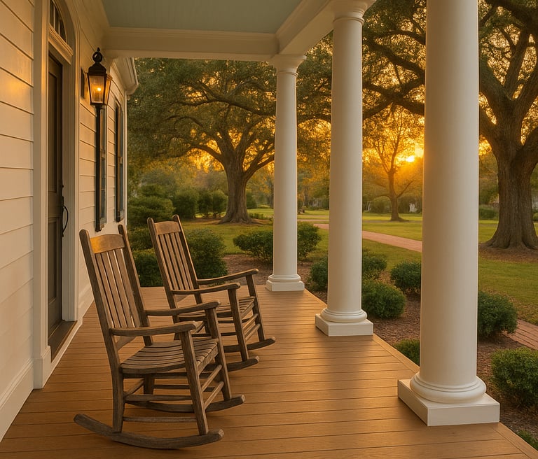 An Acadian style porch built with long lasting composite wood