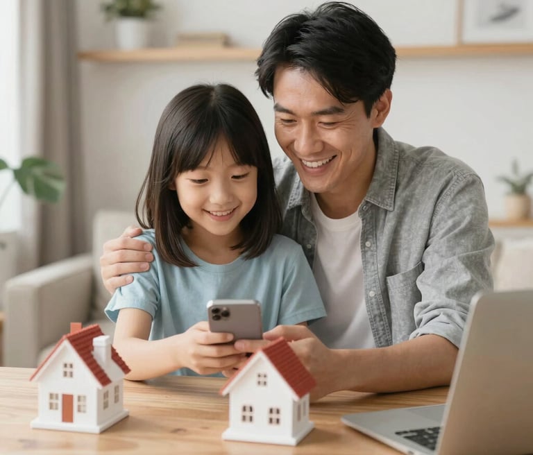 A friendly mortgage broker smiling while discussing home loan options with a young couple in a cozy office.