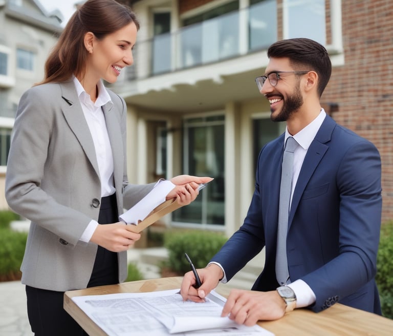 A friendly real estate agent discussing property options with a smiling couple in a bright, blue-and-white themed office.