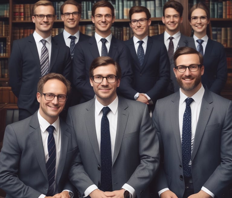 Modern legal team collaborating in a sleek office setting with blue night and gold accents.