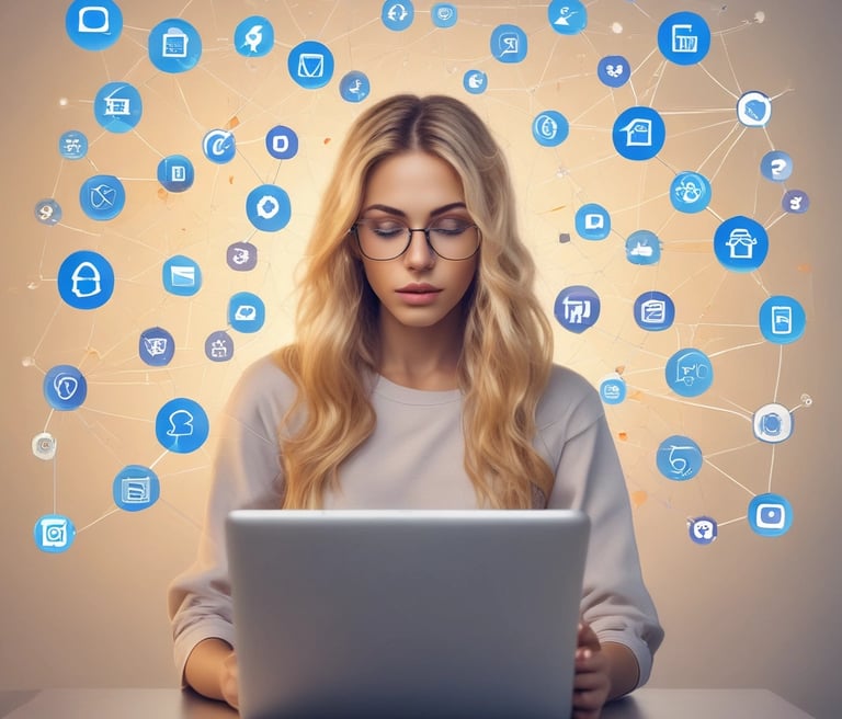 A focused woman uses a laptop under a complex network of floating social media and app icons.