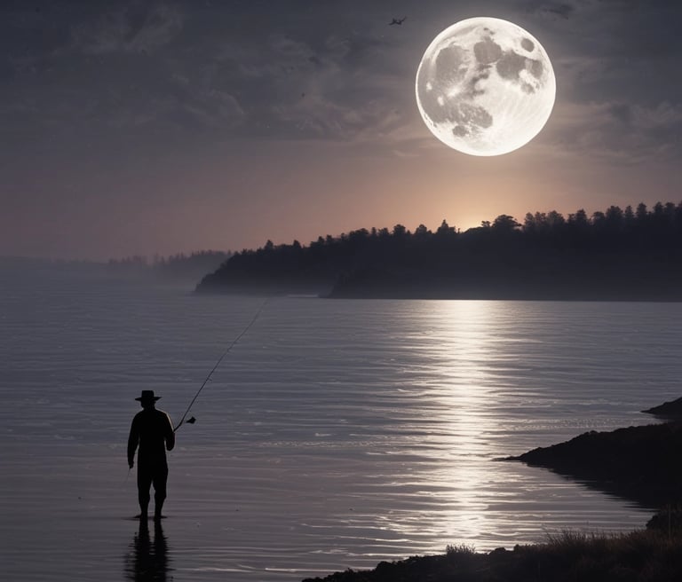 A close-up shot of hands carefully shaping a custom fishing rod alongside a selection of colorful fishing baits on a wooden workbench.