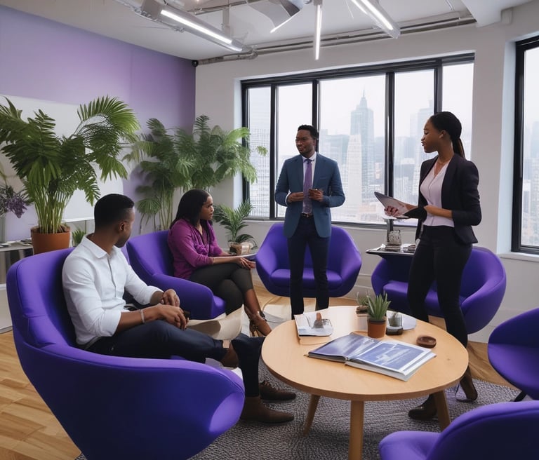 a group of people sitting around a table with a man in a suit and tie