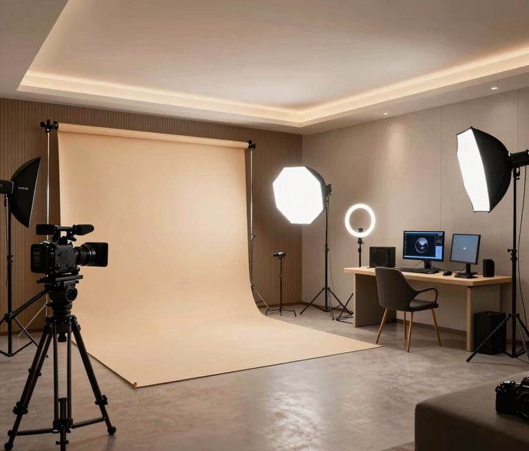 Elegant studio interior with warm gold accents, minimalist white walls, and cinematic lighting highlighting a versatile creative setup.