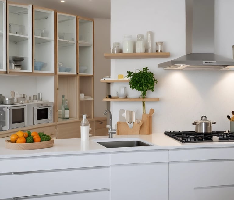 A cozy family kitchen filled with natural light, plants, and clean, non-toxic products on the shelves.