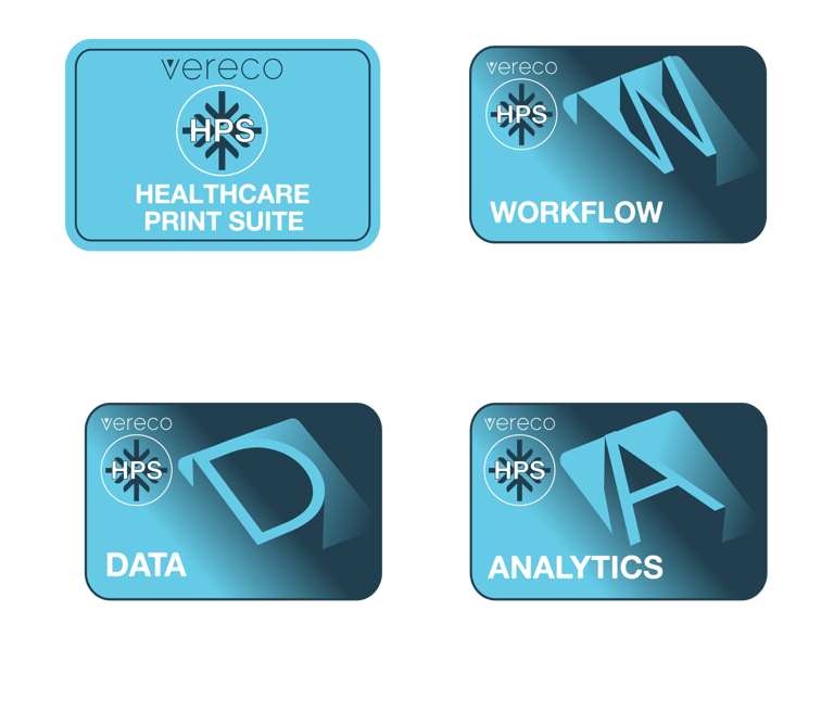 Vereco Healthcare Print Suite software logo versions for Workflow, Data, and Analytics modules.