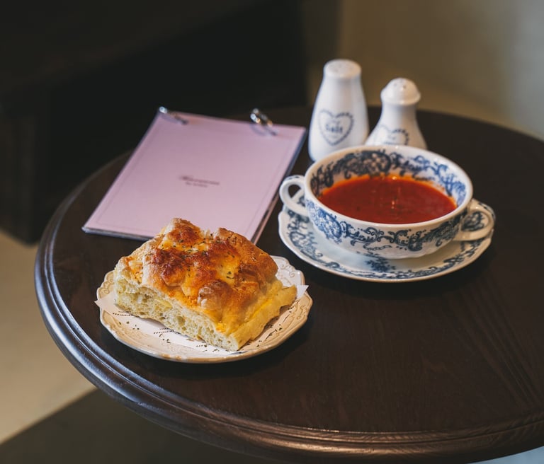 Quattro Formaggi Focaccia and Tomato Soup at Tearoom by Aralee Batam