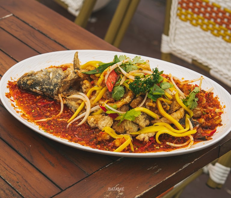 Kakap Goreng Saus Mangga or Fried Snapper cooked with Mango Sauce at SeeSea by Nomad Batam